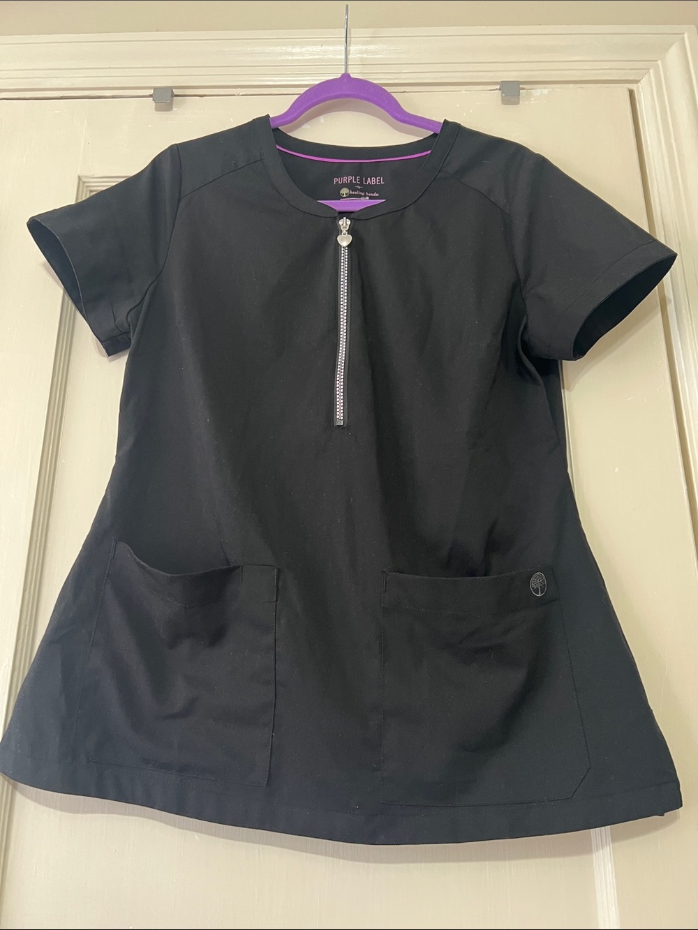 healing hands purple label Black Short-Sleeve Zip Front Scrub Top